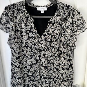 CeCe Black Floral Short-Sleeve Blouse Size L